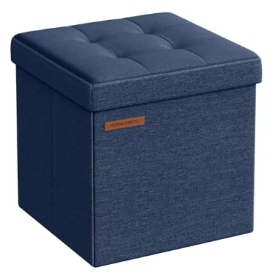 Image of SONGMICS Storage Ottoman, Foldable Small Ottoman Foot Rest, 30 x cm Stool, with Storage, Load up to 130 kg, for Living Room, Bedroom, Dorm, Midnight Blue LSF028Q52