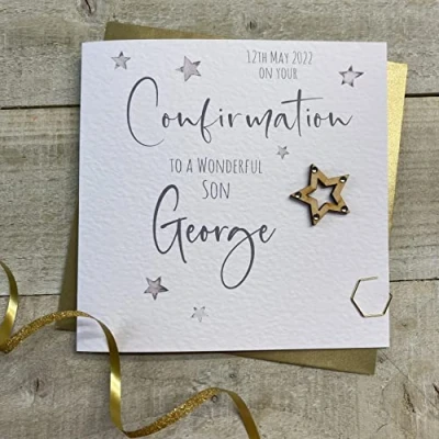 Image of WHITE COTTON CARDS PERSONALISED CONFIRMATION CARD SON, ANY RELATION, WOODEN STAR DESIGN (P22 68 &amp; XP22 68)
