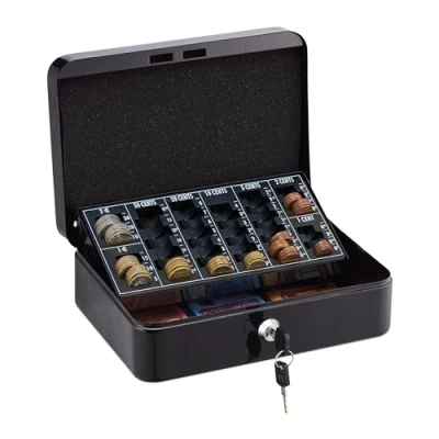 Image of Relaxdays Cash Box Lockable, Coin Counting Board, Note Compartments, 2 Keys, Steel &amp; Plastic, HWD: 9 x 25 18 cm, Black, Iron
