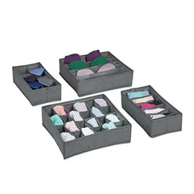Image of Relaxdays Underwear Set, 4 Piece Wardrobe Organisation, Drawer Dividers for Socks, Bras and Ties Light Grey, 9 x 32 cm