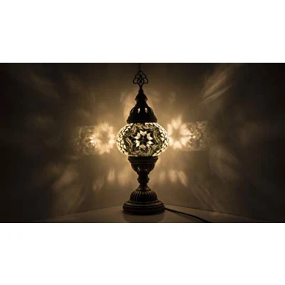 Image of ENVA Turkish Moroccan Style Mosaic Multicolour Desk Table Lamp Medium Globe (White Star)