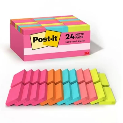 Image of Post it Mini Notes, 1.5x2 in, 24 Pads, America&#039;s #1 Favorite Sticky Poptimistic Collection, Bright Colors (Magenta, Pink, Blue, Green), Clean Removal, Recyclable (653 24ANVAD)