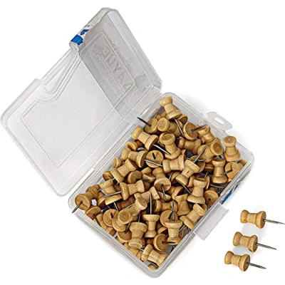 Image of KAV 0.5 inch 100pcs Wood Push Pins Wooden Drawing for Cork Notice Board, Thumb Tacks, and Maps Strong Durable Birch Office Home Organizers Brown Colour
