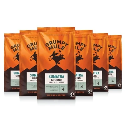 Image of Grumpy Mule Organic Sumatra Gayo Highlands Ground Coffee with tastes of Cocoa &amp; Dark Chocolate 227 g (pack 6)