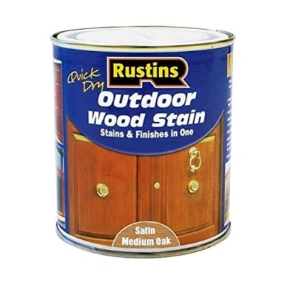 Image of Rustins Quick Dry Outdoor Wood Stain Satin Medium Oak 1ltr Durable and Weather Resistant Finish, Fast Drying, Vibrant Color for Decks, Fences, &amp; Furniture, Available in Many Shades