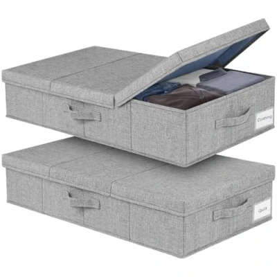 Image of Underbed Storage, 2 Pack Large Under Bed Storage Box with Lid, 45L Foldable Bags W/ Handle, Organiser Drawer Containers for Clothes Blankets Duvets Pillows Bedding