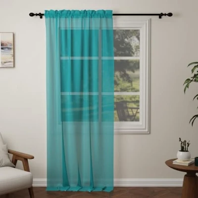 Image of Pacok Teal Voile Curtains, 108 Drop Net Curtain for Windows, Rod Pocket Sheer Panel Curtains Living Room Kitcken Bedroom W56xL108 Inch(Teal, 142 x 274cm)