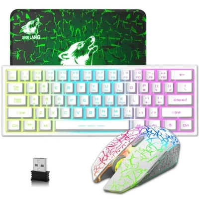 Image of 60% Compact wireless gaming keyboard and mouse set, RGB Rainbow Light up 3800mAh Type c Rechargeable Mechanical Feel Breathing Backlight green pad for PC Laptop ps4 White