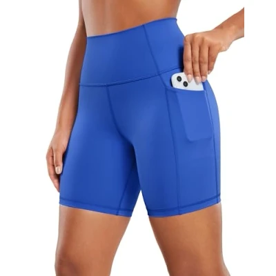Image of CRZ Yoga Women&#039;s Naked Feeling 6&#039;&#039; Shorts with Pockets High Waisted Gym Cycling Fitness Waves Blue 10