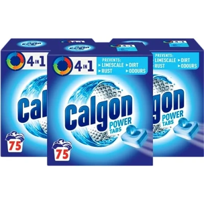 Image of Calgon 4 in 1 Water Softener Tablets, Washing Machine Cleaner, Removes Odours, Limescale &amp; Residue, Deep Clean, Size: XL, 3 x Pack of 75 (Packaging may vary)