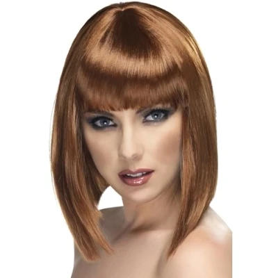Image of Smiffys Glam Wig, Brown Short, Blunt with Fringe, Ladies Glamour Wigs Fancy Dress, Adult Dress Up