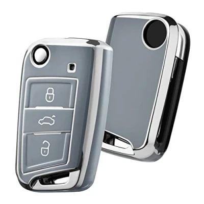 Image of OATSBASF Car Key Case VW, VW Golf 7 Case, Box Cover for Polo, Skoda, Tiguan, MK7 3 Buttons (Silver Edge Grey)