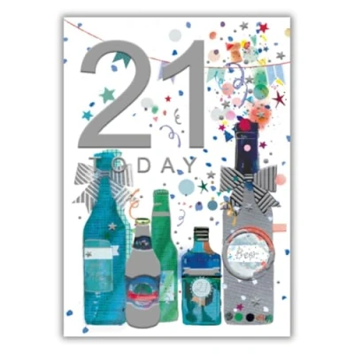Image of Words n Wishes Pinata Male 21st Birthday Card from Age 21 Celebration, Beer, Lager and Ale Silver Foil Embossed Finish