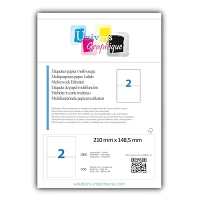 Image of UniversGraphique, 1000 Sticky A5 Labels on A4 Sheets, White Adhesive, 210 x 148.5 mm, 500 2 per Sheet, Ref UGCMO1