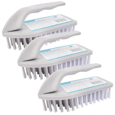 Image of 3 Iron Shaped Silver Scrubbing Brushes With Curved Grip Handle Durable Hard Synthetic Plastic PET Fibres, Ergonomic Shape, Deep Cleaning, For Home use; Kitchen, Bathroom, Limescale and Grout Remover