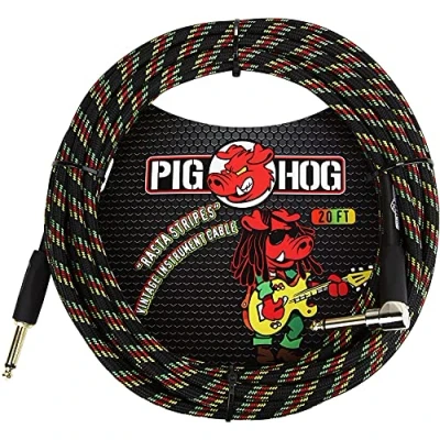 Image of Pig Hog PCH20RAR Right Angle&quot; to 1/4&quot; Rasta Stripes Guitar Instrument Cable, 20 Feet