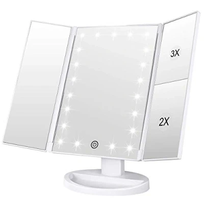 Image of WEILY Vanity Makeup Mirror,1x/2x/3x Tri Fold Mirror with 21 LED Lights, Adjustable Touch Screen Lighted Dressing Mirrors, gift for women(white)