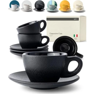 Image of KIVY Cappuccino Cups Set of 4 [6oz] Thick Walled Stoneware Cup for Latte Art Mugs Mug Black Ceramic and Saucer