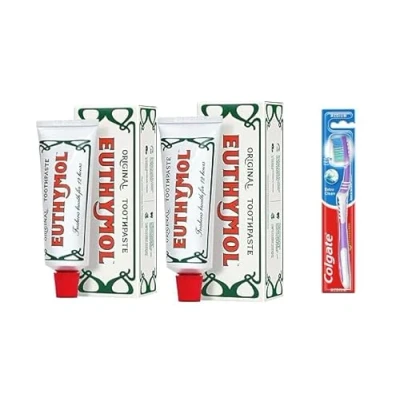 Image of Euthymol Original Toothpaste, 75 ml, Pack of 2 with Colgate Toothbrush