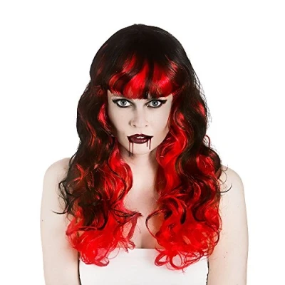 Image of Wicked Costumes Ladies Vampiress Black and Red Curly Wig Halloween Fancy Dress