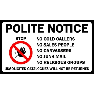 Image of Polite notice no cold callers, sales people, religious groups door sign Self adhesive sticker 140mm x 80mm