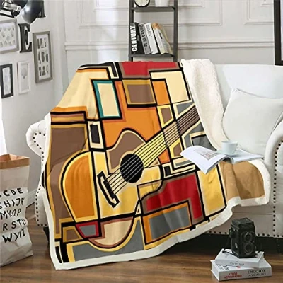 Image of Homemissing Guitar Sherpa Blanket Music Theme Fleece Throw Vintage Geometry Fuzzy for Sofa Bed,Single 50x60 Inch