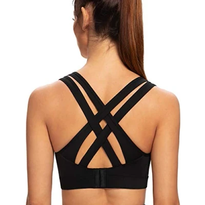 Image of AGONVIN Women&#039;s High Impact Plus Size Large Bust Sexy Strappy Wireless Padded Sports Bras Black L