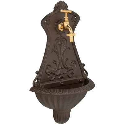 Image of Relaxdays Wall Fountain, Antique Design, Basin &amp; Tap, Water, for Garden Patio, 42 x 24.5 11.5 cm, Cast Iron, Brown, Brass