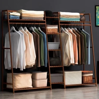 Image of angroups Clothes Rail Rack with Shoe Rack, Garment 5 Tier Storage and Tidy Rail, Bamboo for Bedroom Living Room,Open Wardrobe Closet, Rustic Brown