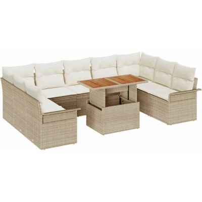 Image of vidaXL 10 Piece Garden Dining Set with Cushions Beige Poly Rattan Acacia