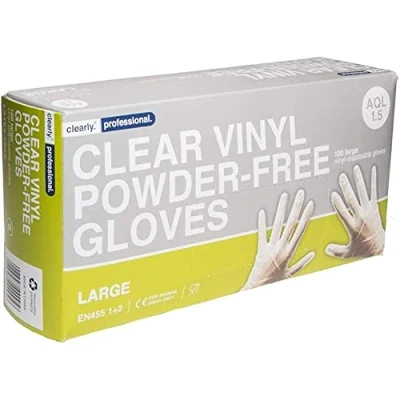 Image of Clearly Clear Vinyl Powder free Latex gloves, disposable Multi purpose &amp; extra strong, Box of 100 Blue (Clear, Large)