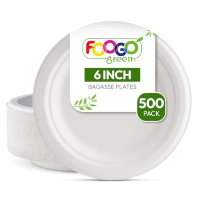 Image of FOOGO Green 500 Disposable Sugarcane Bagasse Plates, 6 inch (15 cm), Small Round Strong Paper Desserts and Side Plate, Eco Friendly Biodegradable Compostable Picnic Party Plates