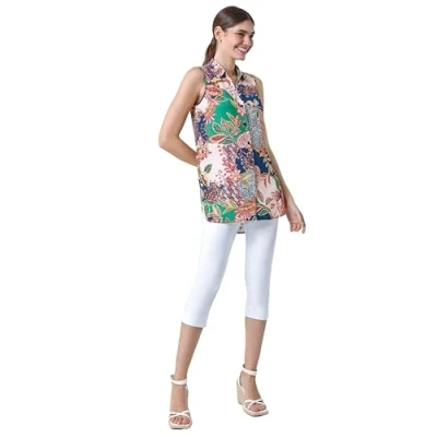Image of Roman Originals Sleeveless Shirt for Women UK Ladies Blouse Top Button Through Summer Smart Casual Work Cocktail Party Office Holiday Special Occassion Evening Going Out Petite Green Multi Size 10