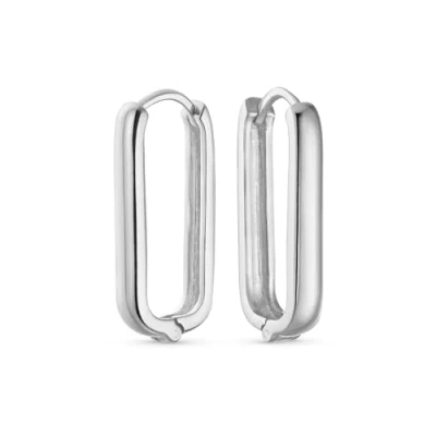 Image of Classic Simple Geometric Vertical U Rectangle Oval Hoop Paperclip Earrings Of Women Teens .925 Sterling Silver Polished Hinged