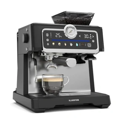 Image of Klarstein GrandPresso Touch Espresso Machine 20 Bar, 1350W, Integrated Grinder, Display, Milk Frother, Thermoblock, 2.3L Water Tank, Black, for Home