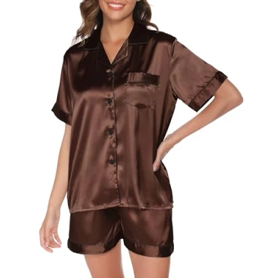 Image of Reliwel Silk Pyjamas for Women Short Sleeve two Piece Satin Pyjama Set Women&#039;s Nightwear Button Down Soft Ladies Sleepwear Loungewear S XXL Brown