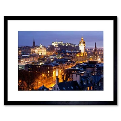 Image of Wee Blue Coo Photo Cityscape Edinburgh Scotland Castle Scott Monument Night Framed Wall Art Print