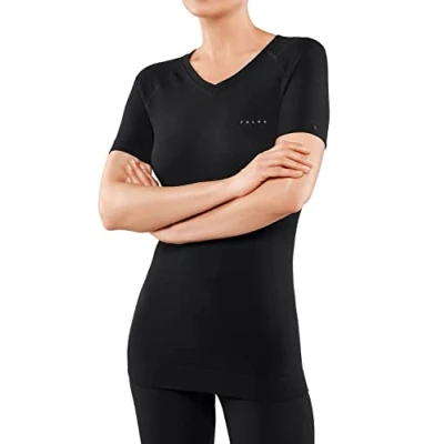 Image of FALKE Women&#039;s Wool Tech Light V Neck W S/S TS Functional Yarn Quick Dry 1 Piece Base Layer Top, Black (Black 3000), S