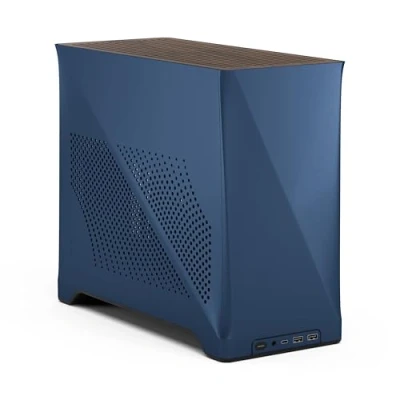 Image of Fractal Design Era 2 ITX PC Case in Midnight Blue Sleek Anodized Aluminum, Solid Walnut Top, Supports 3 Slot GPUs, PCIe 4.0 Riser Cable included