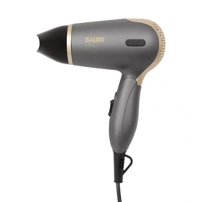 Image of Bauer Professional 39819 TourmaPro Travel Hair Dryer Set/Folding Handle, Carry Case, Hairbrush &amp; Comb / 2 Heat Speed Settings/Dual Voltage/Grey Gold