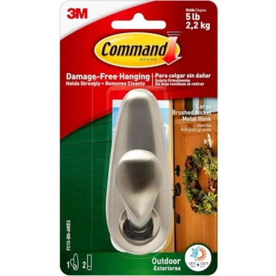 Image of Command Outdoor Large Brushed Nickel, Metal Hook with Strips For Hanging Wreaths, Signs and Other Heavy Items Securely Damage Free