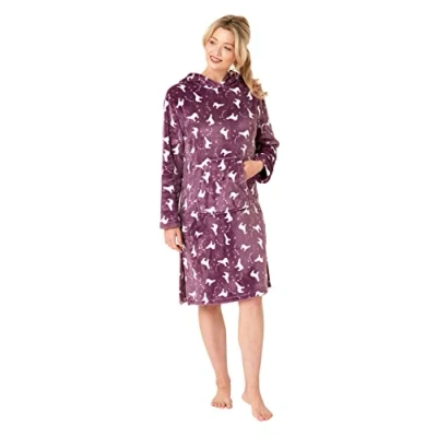 Image of INSIGNIA Ladies Fleece Hooded Nightdress Nightie Lounger (Purple, S)