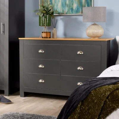 Image of Home Source Camden Bedroom 6 Drawers Chest of Wooden Furniture Clothing Storage Unit, Graphite