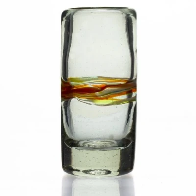 Image of Tumia LAC Shot or tequila glass, multi stripe, hand blown from recycled glass fair trade and handmade in Mexico