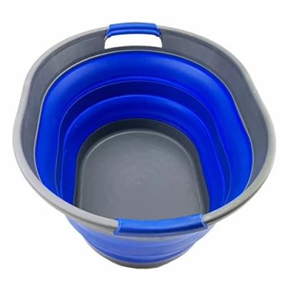 Image of SAMMART 23L Collapsible Plastic Laundry Basket Oval Tub/Basket Foldable Storage Container/Organizer Portable Washing Tub Space Saving Hamper (Grey/Purplish Blue)