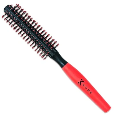 Image of Kobe Professional Quiff Roller round hair brush with Red Rubber Grip Handle Slick Back Brush, Curly Ideal for men and Barbers