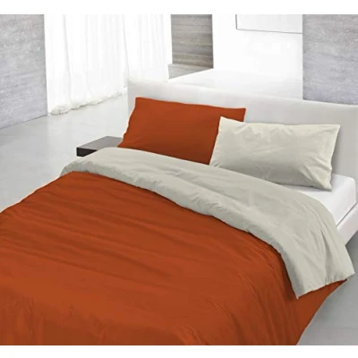 Image of Italian Bed Linen Natural Color Duvet Cover Set with Doubleface Solid Colour Bag Sheet and Pillowcase, 100% Cotton, Earthy/Cream, small double