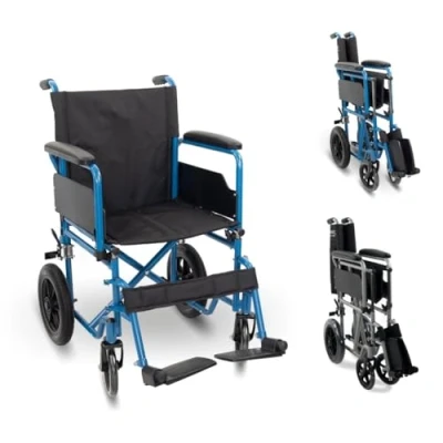 Image of Mobiclinic®, Folding Lightweight Wheelchair, Marsella, Quick Release castors at The Push of a Button, Seat 18.11 in, Sturdy, armrests, Removable footrests (Blue)