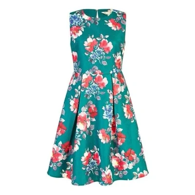 Image of Yumi Green Jacquard Winter Floral Skater Dress 14