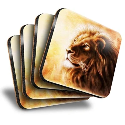 Image of Great Coasters (Set of 4) Square Majestic Lion Big Cat Drink Glossy Coasters/Tabletop Protection for Any Table Type #8800